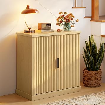 VASAGLE MAXE Collection - Buffet Cabinet, Fluted Console Cabinet, Sideboard with Adjustable Shelf, Mid Century Modern Buffet Table, 15.8 x 29.9 x 31.5 Inches, Oak Beige UBBK344Y01