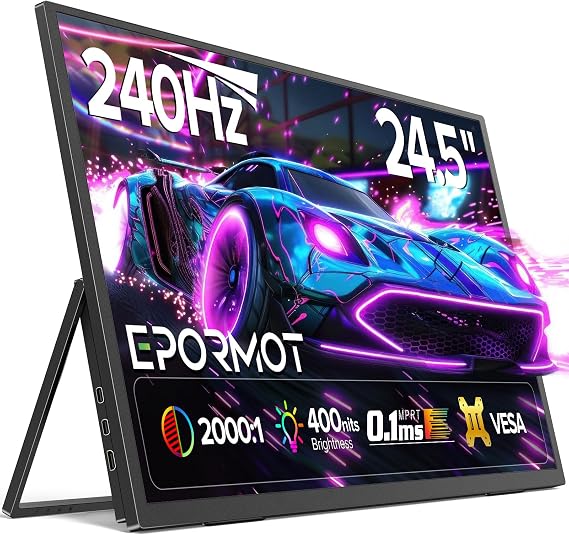Portable Monitor 24.5 240Hz, Gaming Monitor with FreeSync, HDR, 0.1ms, 180 Adjustable stand & VESA, USB-C & HDMI, 2000:1 Contrast, 400Nits IPS Large Travel Second Screen for Laptop, Game Console