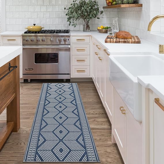 Kitchen Runner Rug 2x6 Modern Hallway Rug Washable Rug Neutral Runner Non Slip Geometric Rug Accent Rug Blue Lines Soft Thin Rug Carpet Runner for Bedroom Bathroom Laundry Room Living Room