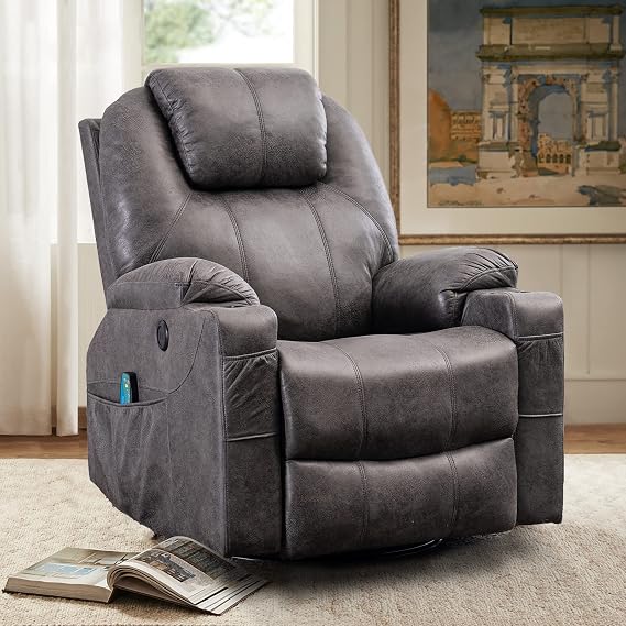 Manual Massage Rocker Recliner Chair, 360 Swivel Glider Lounge Chair with Heat Ergonomic Home Theater Recliner Sofa with 2 Side Pockets, Cup Holders & USB Ports for Living Room, Gray
