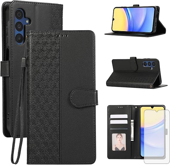 Asuwish Phone Case for Samsung Galaxy A15 5G/4G Wallet Cover with Tempered Glass Screen Protector and Wrist Strap Flip Credit Card Holder Slot Stand Folio Pocket Cell A 15 G5 15A Women Men Black