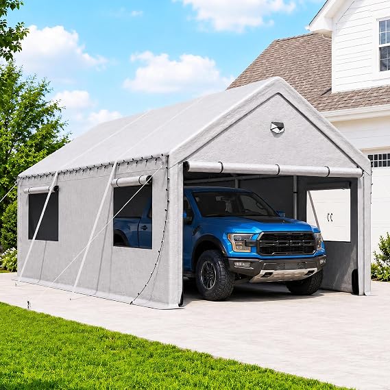 10x16FT Heavy Duty Carport Canopy,Extra Large Portable Car Tent Garage with Roll-up Windows and All-Season Tarp Cover,Removable Roof&Side Wall for Car, SUV,Boats&Truck Shelter Logic Storage