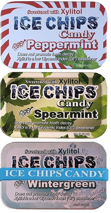 ICE CHIPS Xylitol Candy 6 Tins (Minty Pack); Low Carb, Gluten Free - includes BAND as shown