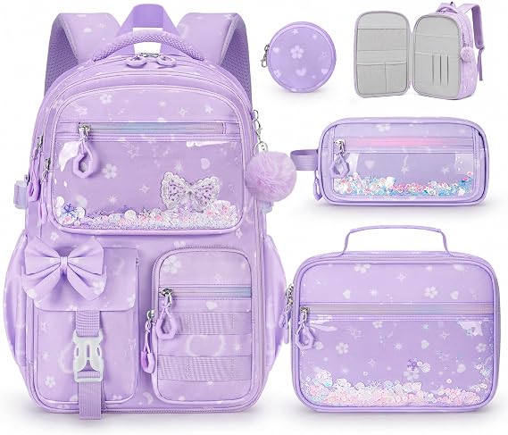Girls Backpack with Lunch Box, 4 PCS Purple Kawaii School Bookbag for Girls, Aesthetic Elementary Large Laptop Cute Backpack for Kids & Teens