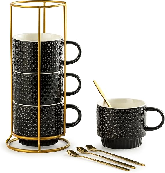 Gomakren Coffee Mugs Set of 4, 13oz Stackable Coffee Cups with Stand, Black