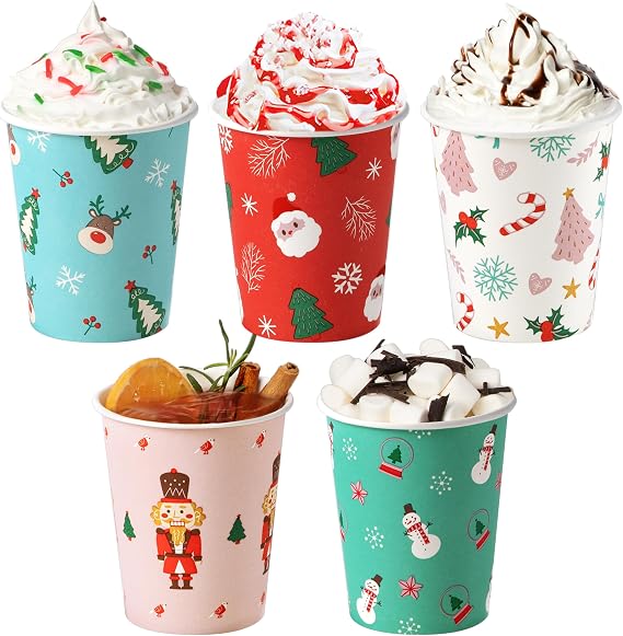 Fit Meal Prep 50 Pack 8 oz Christmas Coffee Cups, Durable Thickened Christmas Disposable Paper Cups for Hot Beverage Chocolate Tea Cocoa, Xmas Party Cups for Kids, Adult, Party, Holiday