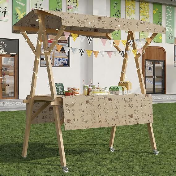 Foldable Wooden Food Cart with Awning & Wheels,Lightweight Mobile Vendor Stall for Hot Dog/Ice Cream/Street Food, Commercial Kiosk for Farmers Market/Festivals/Outdoor Events 120*60*200cm-18