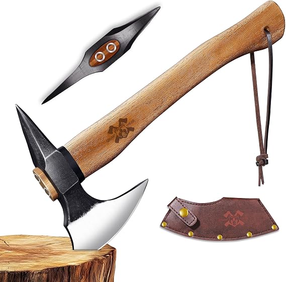 Grumpy Bear 15" Survival Axe Camping Hatchet Forged High Carbon Steel Blade with Walnut Wood Handle Anti-Slip Grip Ideal for Bushcraft, Wood Splitting & Outdoor Adventures Black Wood