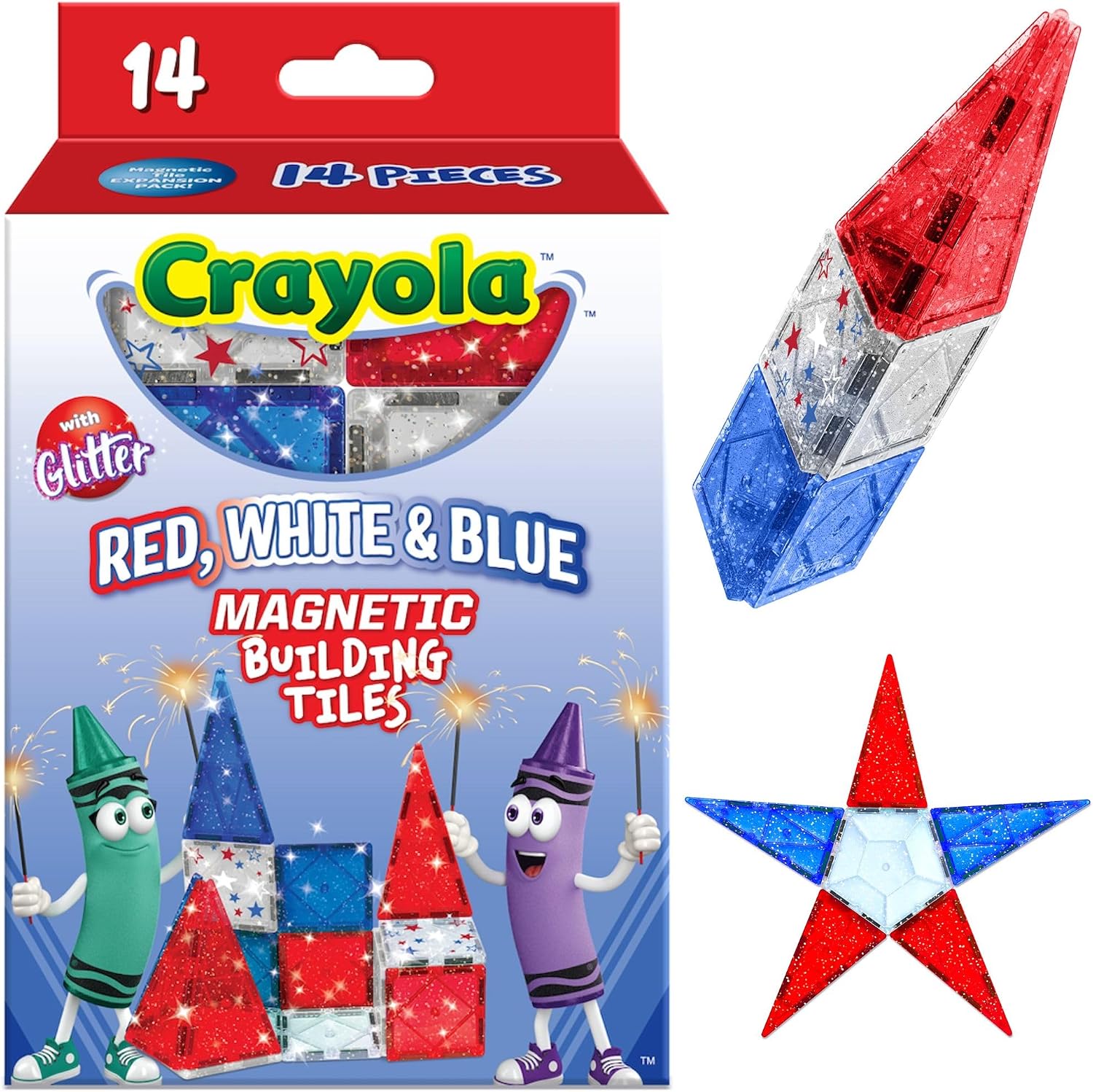CreateOn Crayola Red, White & Blue Magnetic Tiles 14pc, Building Set for Kids, Magnetic Toy, Travel Toys, Classroom Sensory Toy Blocks, STEM & Montessori Tools for Boys & Girls Ages 3, 14-Piece Set
