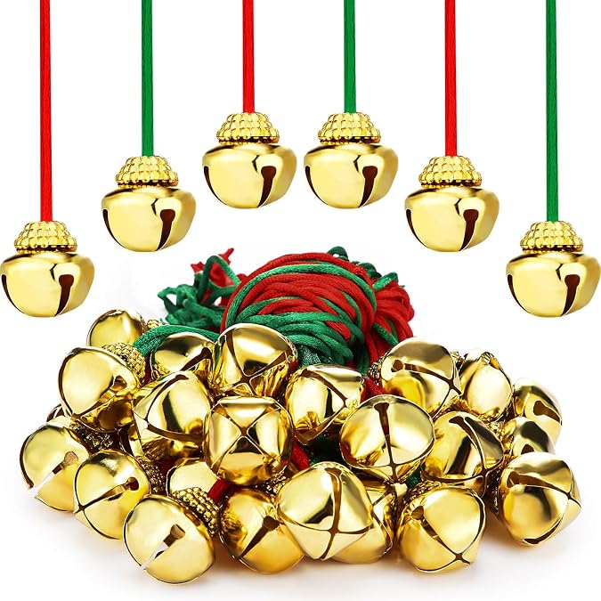 Gejoy Jingle Bell Necklace Bulk Christmas Bell Necklace for Kid with Rope for Craft Holiday Party Supplies Christmas Hanging Decoration Xmas Accessories, Red and Green Cords
