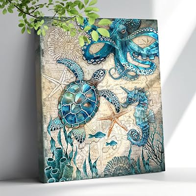 Nautical Bathroom Decor Wall Art Beach Ocean Sea Turtle Octopus Canvas Pictures Wall Decor for Walls Teal Coastal Theme Bathroom Prints Paintings Framed Artwork for Bedroom Kitchen Home 12x16