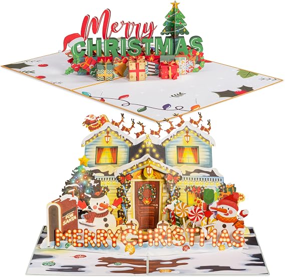 Paper Love Christmas Pop Up Cards 2 Pack - Includes 1 Merry Christmas and 1 Christmas House, For Christmas or Holiday Greeting Cards - Includes Envelope and Removable Note Tag