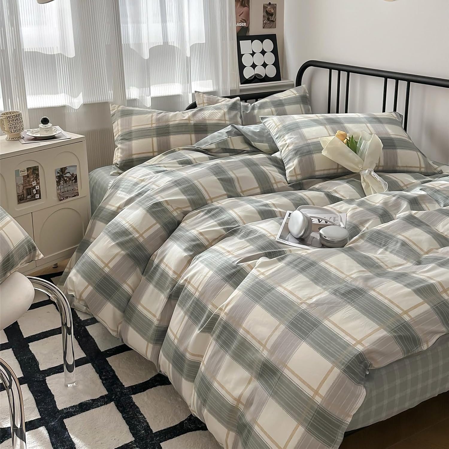 EAVD Modern Style Green Plaid Duvet Cover Queen Soft Cotton Chic Grid Plaid Bedding Set with 2 Pillowcases Reversible Plaid Geometric Duvet Cover with Zipper Closure