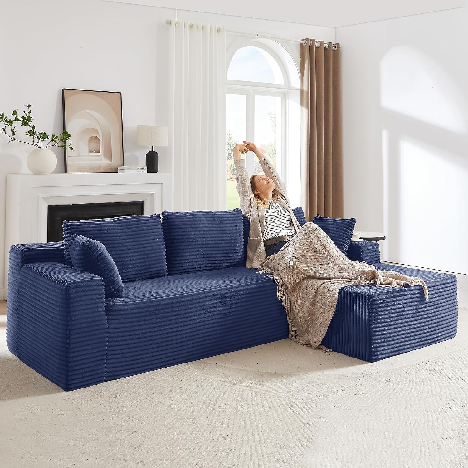 Modular Cloud Sectional Couch with L-Shape Chaise,Modern Upholstered Couches with Deep Seat,Corduroy Sponge Compressed Sofa for Living Room, Bedroom,No Assembly Required Blue