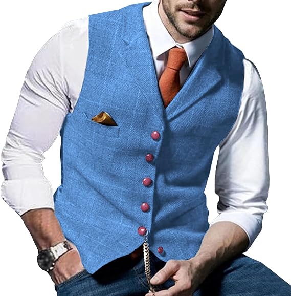 Men's Tweed Plaid Business Suit Vest Casual Tailored Collar Wool Waistcoat Twill Formal Dress Wedding Tuxedo Vest