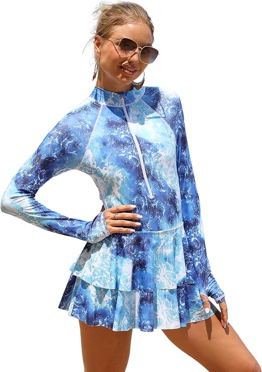 AGYMNX Rash Guard for Women Long Sleeve One Piece Swimsuit UV UPF 50+ Swim Shirt Bathing Suit Modest Swimwear
