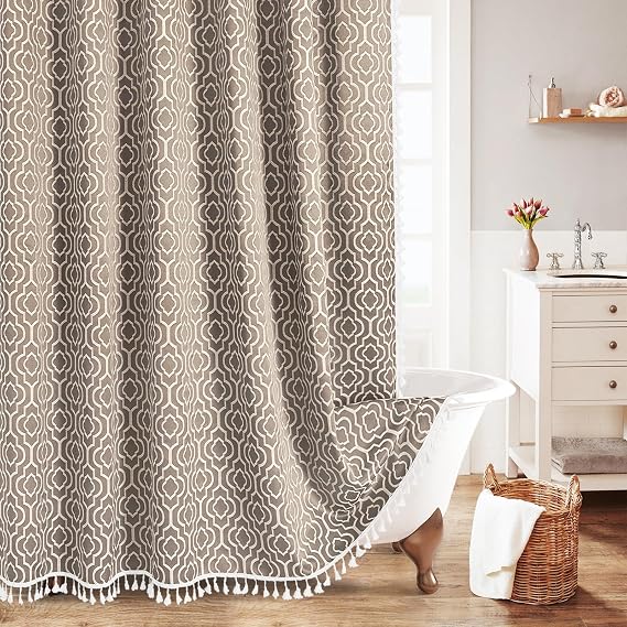 MitoVilla Taupe Boho Shower Curtains for Modern Farmhouse Bathroom Decor, Bohemia Geometric Cotton Fabric Shower Curtain, Fall Country Tassel Cloth Shower Curtain, 72 x 72