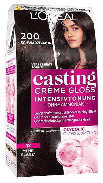 L'Oréal Paris Casting Crème Gloss Hair Dye Ammonia-Free and Silicone-Free Nourishing Intensive Hair Dye with Crème Gloss No. 200 Black-Brown (Brown) Pack of 1
