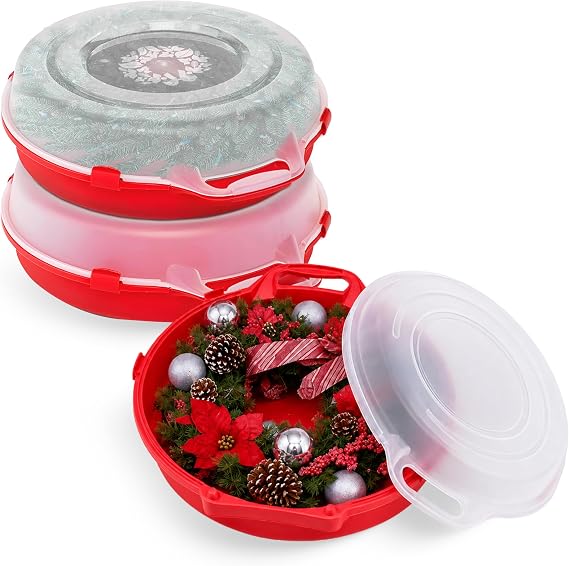 HOMZ Holiday Storage 24" Clear Plastic Wreath Container, Red, 3 Pack