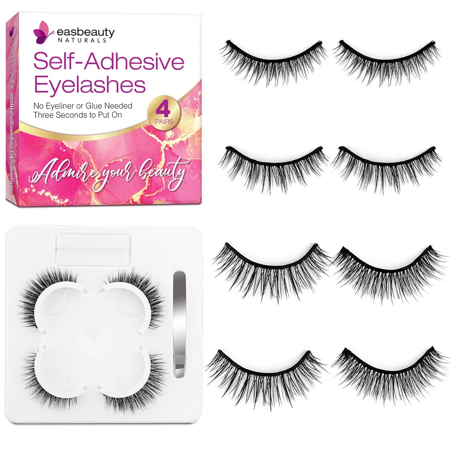 Self Adhesive Eyelashes, 8PCs False Eyelashes Natural Look, Reusable Adhesive Eyelashes, No Glue Eyelashes, False Lashes Natural Look for Women