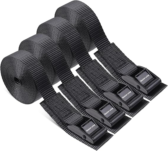 Cam Buckle Tie Down Straps, 1" x 12' Adjustable Pull Straps with Cam Buckle, Heavy Duty Cam Strap for Kayak, SUP, Cargo, Bicycles, Motorcycle, Truck, Car Roof Rack, Dirt Bike (4 pcs) (Balck, 1“x12‘)