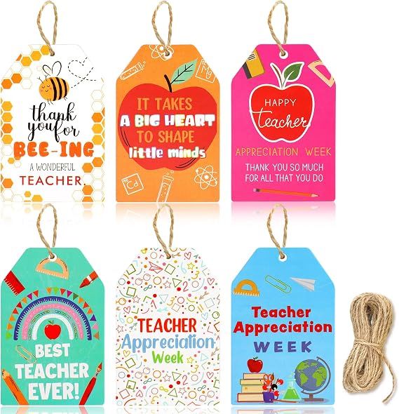 HOWAF 60 Pieces Teacher Appreciation Gift Tags, Thank You Label Tags with String for Women, Thank You Teacher Staff Party Supplies Teacher's Day Paper Hanging Tag for Gift Decor