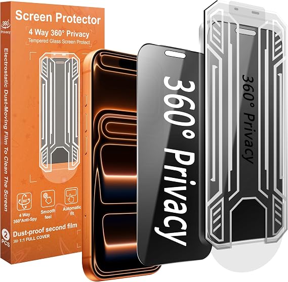 360 4 Way Privacy Screen Protector for iPhone 17 Pro Max [2 Pack], Anti-Spy Tempered Glass, 9H Hardness Shatterproof, 3D Curved Edges, Case-Friendly, Bubble-Free Easy Installation
