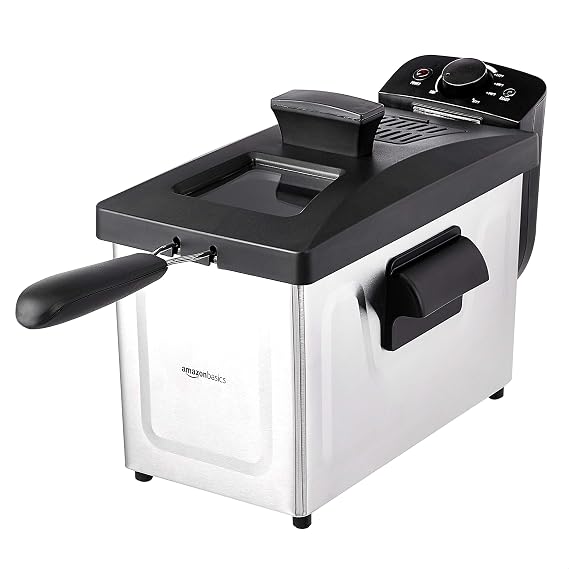 Amazon Basics 3.2-Qt (3.0L) Electric Deep Fryer with Adjustable Temperature Control, Easy Draining Basket, Viewing Window, Fast-Heating 1500W, Stainless Steel Exterior, Black & Silver