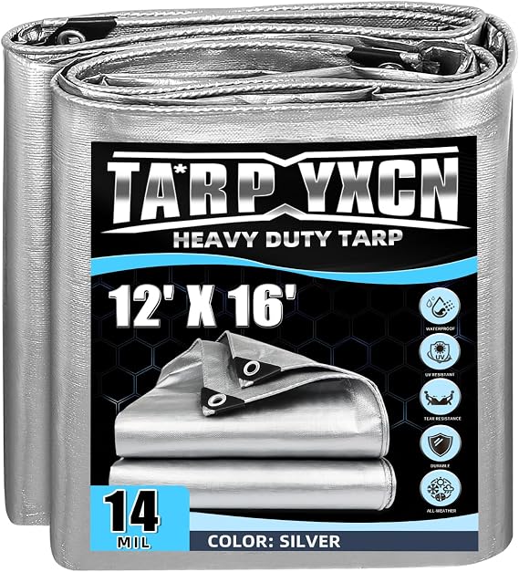 Heavy Duty Tarp 12x16 Feet, 14 Mil Waterproof Poly Tarps Cover UV Resistant, Rip & Tear Proof with Metal Grommets Every 20 Inches Silver Tarp by TA*RP YXCN