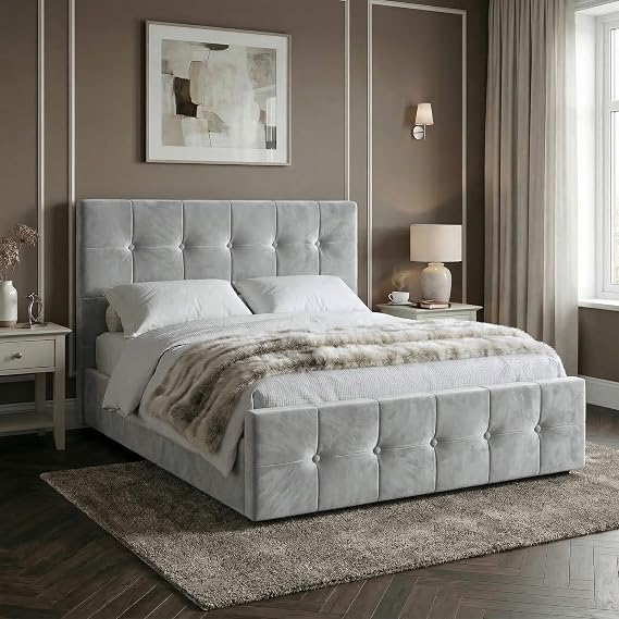 Blisswood 4ft6 Double Ottoman Bed Frame, Velvet Upholstered Storage Bed, Gas Lift End Opening Bed Frame with Wooden Slats, Heavy Duty Metal Support Base, Under Bed Storage, Space Saving Design, Grey