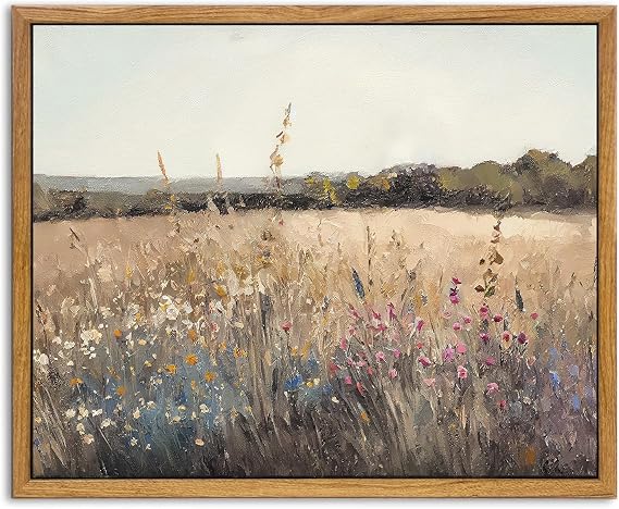 KBKBART Framed Vintage Wall Art Prints, Retro European Country Autumn Wildflower Field Landscape Canvas Painting Farmhouse Decor, Rustic Antique Framed Canvas Wall Art for Bathroom, Bedroom, Living