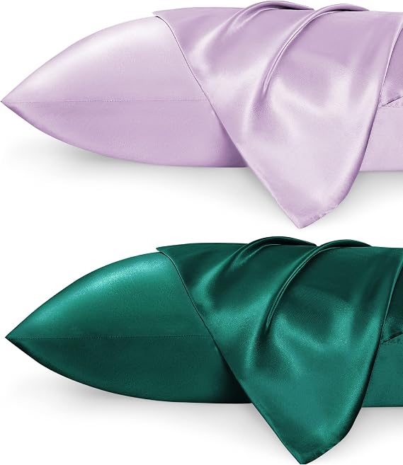 Bedsure Satin Pillowcase for Hair and Skin Standard - Silk Pillowcase 2 Pack 20x26 inches with Envelope Closure, Lavender and Dark Green