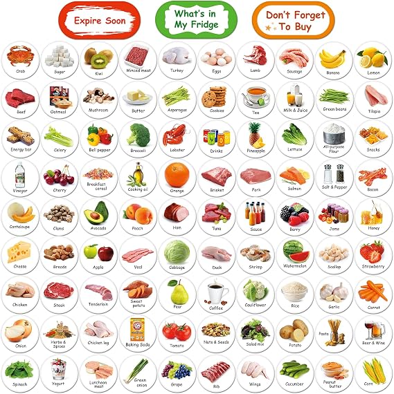 MORCART 90PCS Food Magnets for Fridge, Grocery List Shopping List Vegetables Fruits Seafood Salad Meats Condiments Decorative Refrigerator Kitchen Office Locker Cabinets Classroom Whiteboards