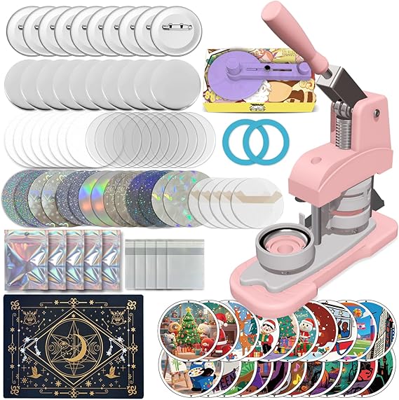 Pink Button Maker Machine 58mm (2.25 inch), DIY Button Pin Maker Machine  with Free Button Parts, Circle Cutter, Cutting Board, Pattern Paper, Holographic Bags, Colored Film, and Protective Case