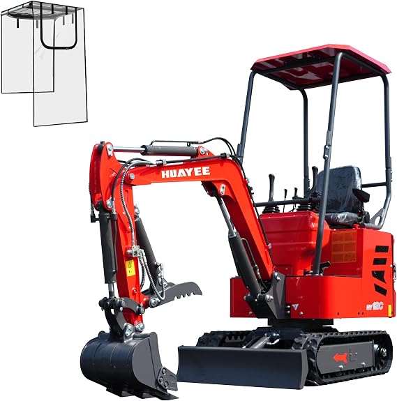 HY12C 1.2T Mini Excavator with All-Weather Rain Enclosure, B&S | Includes clear all-weather rain enclosure & pre-installed thumb. 13.5HP B&S compact crawler digger for backyard farm.