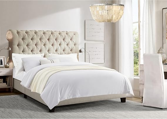 Rosevera Corrine Upholstered Bed Frame with Button Tufting Headboard/Adjustable Headboard/Rolled Head Headboard Bed Frame/Wood Slat Support/Easy Assembly,King,Beige