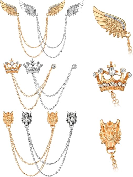 6 Pieces Men's Chain Brooch Collar Lapel Pins Suit Accessories | Wings Wolf Head Crown, Alloy Material, Back Clasps, Tassel, Fits Tuxedo, for Wedding Party Business Daily Gift , Gold, Silver