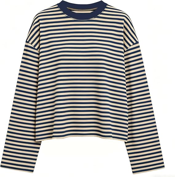 KOSUSANILL Striped Long Sleeve Shirt Women Oversized Baggy Crewneck Tshirt