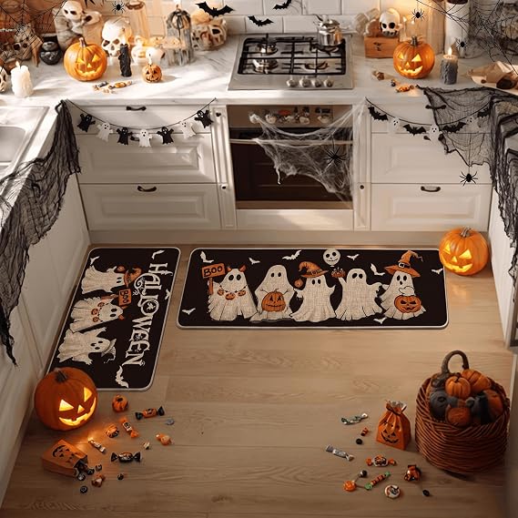 Artoid Mode Ghost Bat Black Halloween Kitchen Mats Set of 2-17x29+17x47
