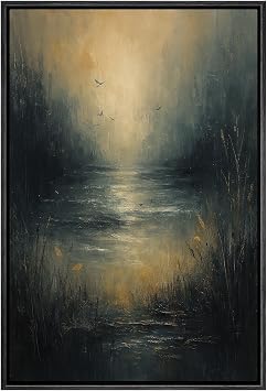SIGNWIN Framed Canvas Print Wall Art Mystic Lake with Birds Moody Forest Landscape Photography Modern Art Rustic Zen Relax/Calm for Living Room, Bedroom, Office - 16"x24" BLACK