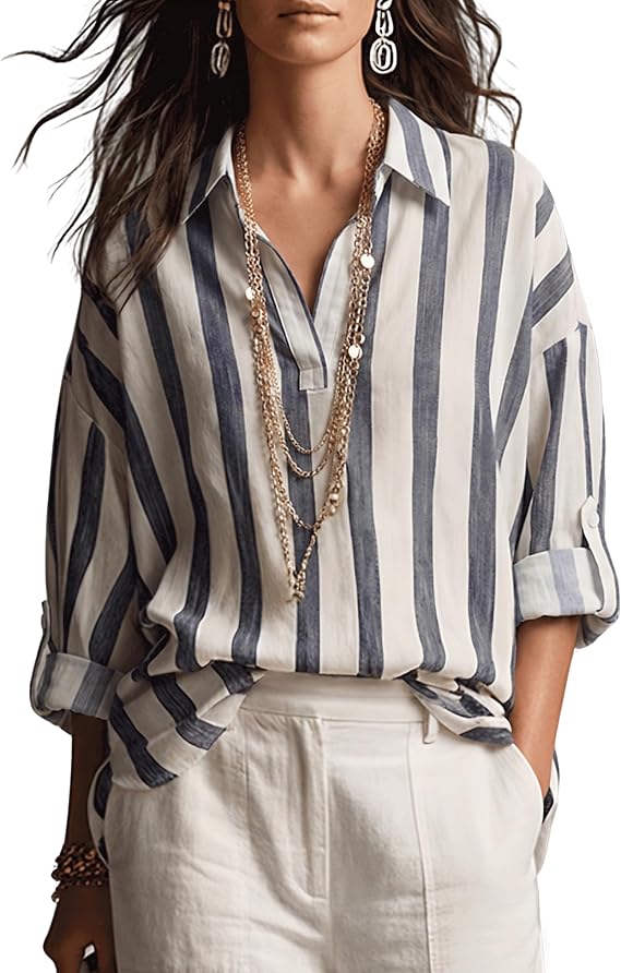 Watashi Women Striped Collared Blouse Oversized Long Sleeve Henley Shirt