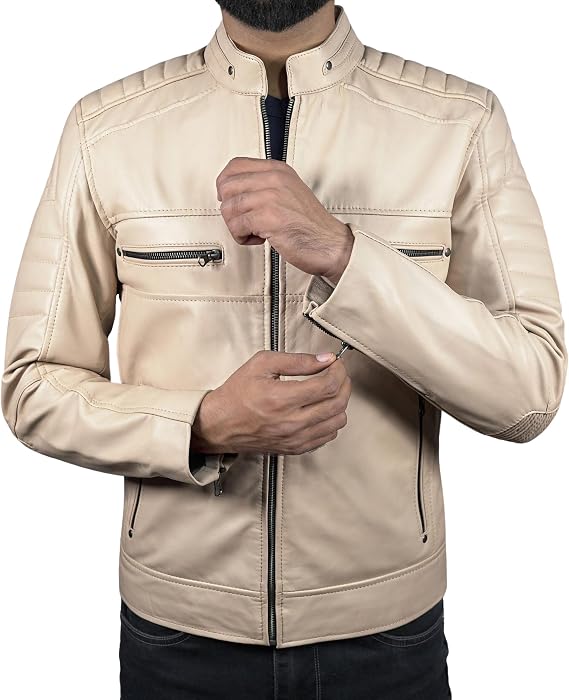 Mens Cafe Racer Motorcycle Jacket - Genuine Lambskin Moto Biker Style Real Leather Jacket Men