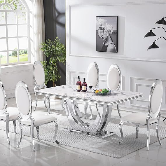Luxury Marble Dining Table Set for 6, Modern Kitchen Table Chairs Set, 7-Piece Dining Set with 68" White Marble Pedestal Dining Room Table and 6 PU Leather Chairs for Kitchen Dinette Room