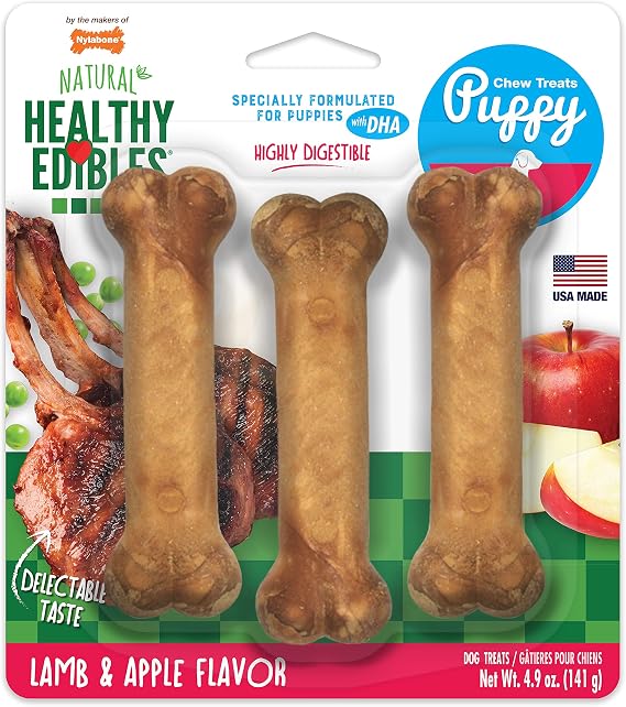 Nylabone Healthy Edibles Puppy Dog Treats, Lamb & Apple Flavor, 3 Count | Natural puppy treats, USA made, highly digestible, vet recommended, small dog treats for puppies up to 25 lbs