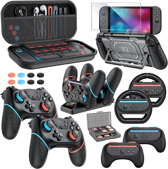 Switch 2 Pro Controller Accessories Bundle for Nintendo Switch 2 (2025), 21-in-1 Kits: Wireless Controllers,Carrying Case,Charger Dock,Grips for Joy Con,Steering Wheels for Mario Kart,Protective Cover