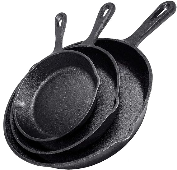 Cast Iron Skillet 3-Piece Set w/Cookbook - Heavy-Duty Professional Restaurant Chef Quality Pre-Seasoned Pan Cookware - 10", 8", 6.25" Pans - For Frying, Saute, Cooking, Pizza - Black