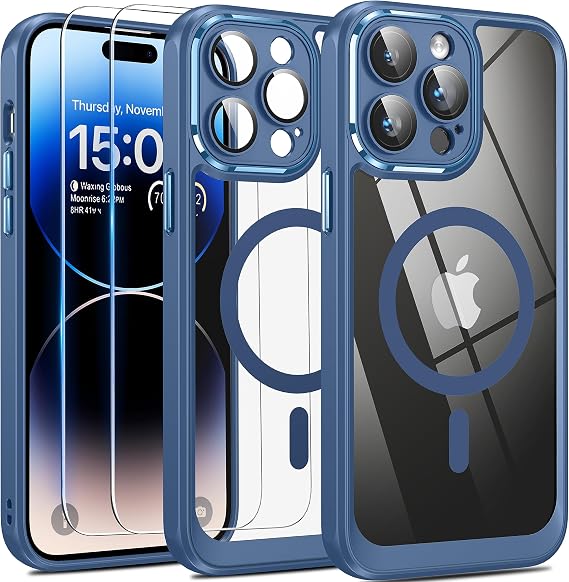 Oneagle Magnetic for iPhone 14 Pro Max Case Clear, [Compatible with Magsafe][30X Anti-Yellow][Built-in Lens Protector][Metal Lens Frame],14 Pro Max Phone Case with 2 Screen Protectors(Blue)