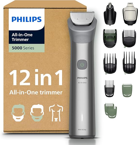 Philips Multigroom 5000 Series All-in-One 12-Piece Trimmer - Shaver and Clipper for Beard, Nose, Hair, and Body, Self-Sharpening Full Metal Blades, 20 Length Settings (0.5-20 mm), Model MG5952/30