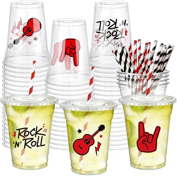 Newtay 60 Pcs Rock and Roll Cups Bulk 12oz Guitar-themed Plastic Cups with Lids Straws Retro Music Party Favors for Birthday Baby Shower Music Parties Decorations