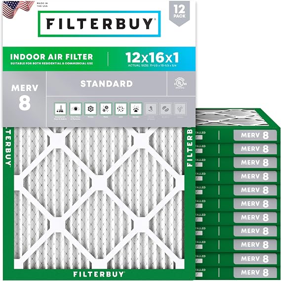 Filterbuy 12x16x1 Air Filter MERV 8 Dust & Allergy Defense (12-Pack)